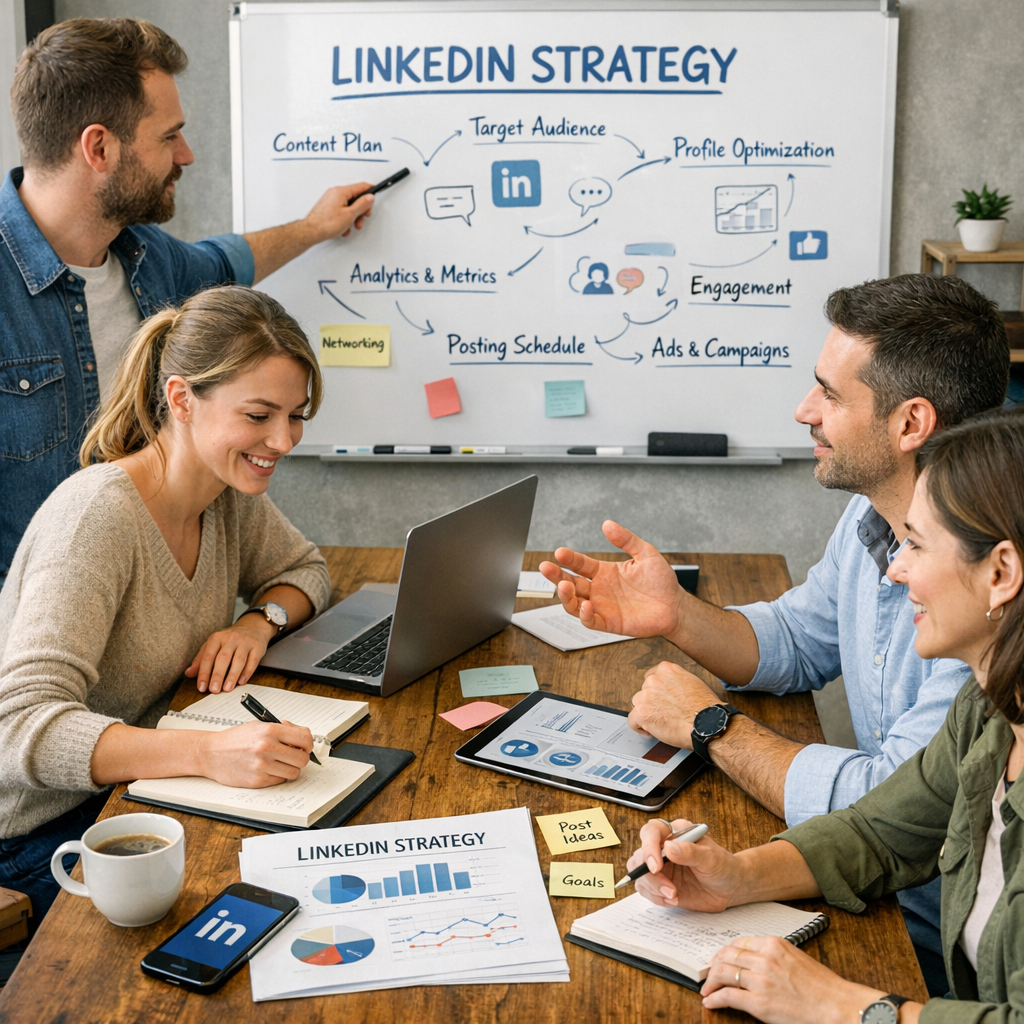 photographic team di persone che creano una strategia linkedin